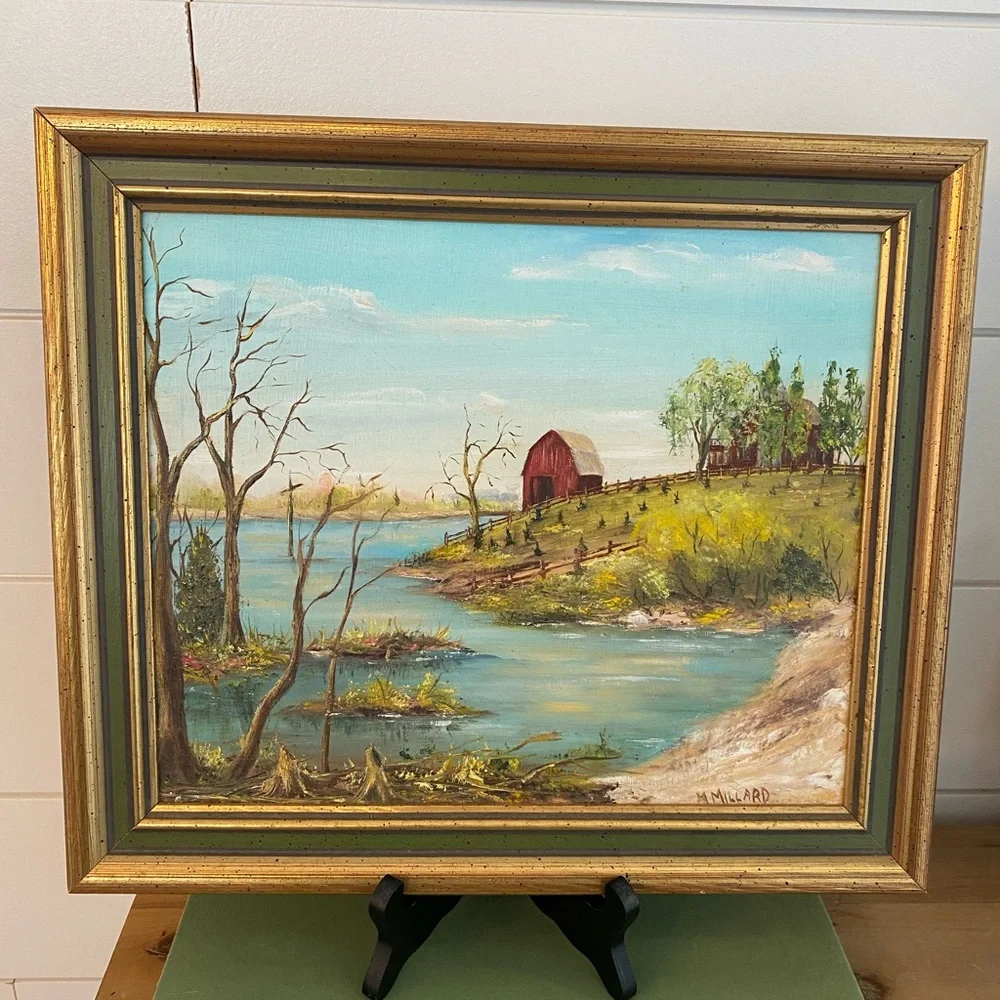 Vintage Original Oil Painting Fall Spring Farm Barn Landscape Signed M Millard - Picture 7 of 11